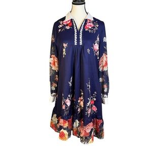Dalia Macphee Navy Floral Collared Mini Dress Illusion Sleeves Women’s Size L